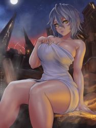 Rule 34 | 1girl, bare shoulders, bathing, breasts, cleavage, code vein, commentary, covering privates, dated, hair between eyes, highres, io (code vein), large breasts, looking at viewer, moon, naked towel, night, night sky, nude cover, onsen, pink lips, rock, sciamano240, short hair, silver hair, sitting, sky, solo, star (sky), starry sky, thighs, towel, white towel, yellow eyes