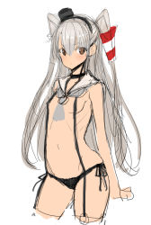 Rule 34 | 10s, 1girl, amatsukaze (kancolle), bad id, bad pixiv id, black panties, breasts, brown eyes, cowboy shot, cropped legs, hat, kantai collection, long hair, looking at viewer, mini hat, navel, panties, poin (hidsuki), sailor collar, side-tie panties, silver hair, simple background, small breasts, solo, underwear, white background