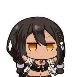 Rule 34 | 1girl, armlet, arms up, azur lane, black hair, black shirt, black shorts, braid, breasts, chibi, cleavage, commentary request, crop top, dark-skinned female, dark skin, eyebrows hidden by hair, feather hair ornament, feathers, groin, hair between eyes, hair ornament, jewelry, jitome, large breasts, long hair, looking at viewer, midriff, native american, navel, necklace, nejikirio (style), open clothes, open shirt, parody, sentinel (ver20), shirt, short shorts, shorts, sidelocks, simple background, solo, south dakota (azur lane), style parody, tri braids, upper body, white background, yellow eyes