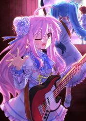 Rule 34 | 3girls, bass guitar, blue hair, guitar, instrument, kyrie florian, levi the slasher, looking at viewer, lyrical nanoha, mahou shoujo lyrical nanoha innocent, levi the slasher, stern the destructor, mizunashi (second run), multiple girls, one eye closed, open mouth, pink hair, red eyes, red hair, smile, star (symbol), stern the destructor, twintails