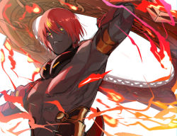 Rule 34 | 1boy, abs, armor, ashwatthama (fate), dark-skinned male, dark skin, fate/grand order, fate (series), fire, forehead jewel, glowing, glowing eyes, holding, huge weapon, looking at viewer, male focus, muscular, nipples, pectorals, red hair, rozu ki, simple background, sketch, solo, teeth, topless male, upper body, weapon, wheel, white background, yellow eyes