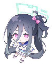 Rule 34 | &lt;key&gt; (blue archive), 1girl, absurdly long hair, absurdres, black bow, black hair, blue archive, bow, chibi, dress, hair between eyes, hair bow, halo, highres, idol clothes, long hair, long hair between eyes, long sleeves, open mouth, ponytail, red eyes, shirt, simple background, solo, twintails, urotsuki (2013.04), very long hair, white background, white dress, white footwear, white shirt