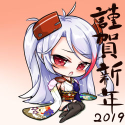 Rule 34 | 1girl, 2019, alcohol, azur lane, black thighhighs, blue kimono, blush, breasts, brown background, brown thighhighs, chibi, cleavage, collarbone, commentary request, cup, fur collar, gradient background, head tilt, headgear, highres, holding, holding cup, japanese clothes, kimono, large breasts, limitlimlim, long hair, long sleeves, looking at viewer, mole, mole on breast, multicolored clothes, multicolored hair, multicolored kimono, no shoes, open mouth, prinz eugen (azur lane), prinz eugen (profusion of flowers) (azur lane), red eyes, red hair, sakazuki, sake, sideboob, silver hair, sitting, solo, streaked hair, thighhighs, translation request, very long hair, white background, white kimono, wide sleeves, yokozuwari