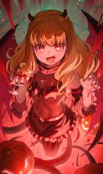Rule 34 | 1girl, alcohol, ambiguous red liquid, animal ears, bare shoulders, belt, blonde hair, commentary request, covered navel, cup, demon girl, demon horns, demon wings, detached sleeves, drinking glass, etrian odyssey, fang, fingernails, flat chest, frilled skirt, frills, halloween, highres, holding, holding cup, horns, long fingernails, long hair, looking at viewer, mya-zawa, open mouth, pantyhose, pumpkin, red eyes, red nails, see-through, see-through shirt, sekaiju no meikyuu, sekaiju no meikyuu 3, skirt, smile, solo, striped clothes, striped pantyhose, teeth, tentacles, vertical-striped clothes, vertical-striped pantyhose, wading, wine, wine glass, wings, zodiac (sekaiju), zodiac 4 (sekaiju)