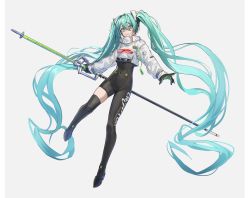 Rule 34 | 1girl, absurdly long hair, absurdres, aqua hair, asymmetrical legwear, black gloves, black thighhighs, blue eyes, blush, covered navel, deluxe&lt;&lt;&lt;, gloves, green gloves, grey background, hair between eyes, hatsune miku, highres, holding, long hair, mismatched legwear, multicolored clothes, multicolored gloves, parted lips, racing miku, racing miku (2022), see-through, simple background, sleeves past wrists, solo, thighhighs, twintails, two-tone gloves, very long hair, vocaloid