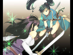 Rule 34 | 2girls, ayra (fire emblem), black gloves, black hair, boots, china dress, chinese clothes, crossover, dress, earrings, elbow gloves, fighting, fingerless gloves, fire emblem, fire emblem: genealogy of the holy war, fire emblem: the blazing blade, gloves, green hair, jewelry, looking at another, lyn (fire emblem), midori126, multiple girls, nintendo, ponytail, side slit, sword, sword fight, weapon, white gloves