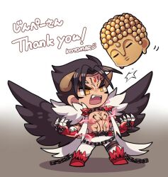 Rule 34 | 1boy, bare pectorals, black hair, black wings, brown horns, cape, chain, chest tattoo, chibi, claws, commission, daibutsu, devil jin, forehead jewel, full body, gloves, gradient background, horns, kazama jin, kotorai, male focus, open mouth, pants, pectorals, red footwear, red gloves, signature, skeb commission, solo, tattoo, tekken, thank you, thick eyebrows, v-shaped eyebrows, white cape, white pants, wings, yellow eyes