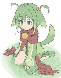 Rule 34 | 1girl, :o, androgynous, arno, bell, flying sweatdrops, full body, green eyes, green footwear, green theme, hair bobbles, hair ornament, kneeling, muu (mumumer), other focus, scarf, shoes, short hair, solo, summon night, summon night swordcraft story 2, tail, two side up