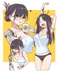 Rule 34 | 1girl, arm tattoo, black panties, border, breasts, brown hair, camisole, cleavage, cup, glasses, hand tattoo, haow, highres, holding, holding cup, long hair, medium breasts, mole, mole under mouth, mug, multicolored hair, open mouth, original, panties, pink hair, shizuku inoue, smile, streaked hair, tattoo, tattoo sleeve, tearing up, triangle mouth, underwear, white border, white camisole, yawning, yellow background