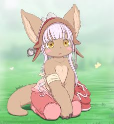 Rule 34 | 1girl, animal ears, animal hands, bag, brown eyes, ears through headwear, flat chest, furry, furry female, grey hair, hat, highres, kionant, looking at viewer, made in abyss, narehate, on grass, original, pants, parted lips, pink pants, signature, sitting, solo, unworn bag