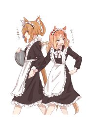 2girls animal_ears apron black_dress blue_eyes blunt_bangs bow brown_eyes brown_hair bukeo character_request dress ear_covers frilled_dress frills highres holding holding_hands holding_tray horse_ears horse_girl horse_tail long_dress long_hair long_sleeves maid multicolored_hair multiple_girls one_side_up ponytail simple_background single_ear_cover streaked_hair tail translation_request tray umamusume waist_apron white_apron white_background white_bow white_hair