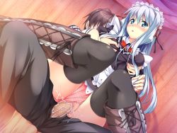 Rule 34 | 1girl, blue eyes, blush, boots, grabbing another&#039;s breast, censored, erect!, game cg, grabbing, long hair, lunastia asteel, maid, penis, piromizu, pussy, pussy juice, sex, silver hair, thighhighs, vaginal