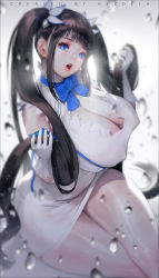 Rule 34 | 10s, 1girl, artist name, black hair, blue eyes, bow, bowtie, breasts, cleavage, cleavage cutout, clothing cutout, covered erect nipples, curvy, dungeon ni deai wo motomeru no wa machigatteiru darou ka, gloves, gradient background, hestia (danmachi), highres, huge breasts, hyeolla, hyulla, long hair, looking at viewer, open mouth, parted lips, rei no himo, ribbon, sitting, skindentation, solo, thick thighs, thighs, twintails, very long hair, water, white gloves, wide hips