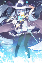 Rule 34 | 1girl, arm up, blue eyes, blue hair, cape, fingerless gloves, gloves, hat, hatsune miku, highres, levi9452, long hair, matching hair/eyes, pantyhose, rabbit, skirt, smile, snowflakes, solo, star (symbol), twintails, very long hair, vocaloid, wand, witch hat, yuki miku, yukine (vocaloid)
