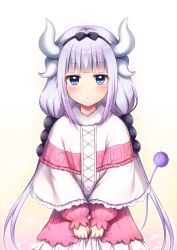 Rule 34 | 10s, 1girl, blue eyes, capelet, dragon girl, dragon horns, dragon tail, hair bobbles, hair ornament, hairband, horns, kanna kamui, kobayashi-san chi no maidragon, koyoka, long hair, looking at viewer, low twintails, silver hair, simple background, solo, tail, twintails, v arms, white background