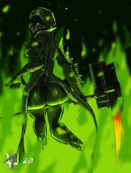 Rule 34 | 1girl, absurdres, alternate costume, arcafterdark, ass, ass focus, breasts, colored skin, fire, floating, from behind, glowing, glowing eyes, green eyes, green fire, hammer, head turn, highres, holding, holding weapon, hood, looking at viewer, looking back, multicolored skin, no feet, sideboob, signature, sitting, sitting on object, small breasts, solo, warframe, weapon, wisp (warframe)