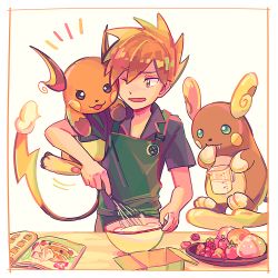 Rule 34 | 1boy, alolan form, alolan raichu, apron, berry, blue oak, book, collared shirt, commentary request, cooking, creatures (company), framed, game freak, gen 1 pokemon, gen 7 pokemon, green apron, hanging, holding, holding whisk, itome (funori1), male focus, mixing bowl, nintendo, one eye closed, open mouth, orange hair, pokemon, pokemon (creature), pokemon frlg, pokemon on arm, raichu, shirt, short hair, short sleeves, smile, spiked hair, tongue, whisk