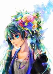 Rule 34 | 1girl, aqua eyes, bad id, bad pixiv id, face, female focus, flower, gradient background, green hair, hair flower, hair ornament, hatsune miku, jewelry, long hair, necklace, plant, solo, umu (um), vocaloid, white background