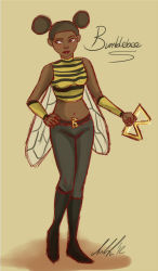 Rule 34 | 10s, 1girl, 2012, artist request, bee costume, belt, black hair, boots, brown eyes, bumble bee, cartoon network, character name, crop top, dark skin, dated, dc comics, double bun, full body, hair bun, hand on own hip, insect wings, karen beecher, lipstick, makeup, midriff, pants, raised eyebrow, shirt, signature, sleeveless, standing, striped clothes, striped shirt, teen titans, two-tone stripes, vambraces, weapon, wings