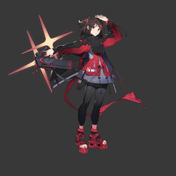 Rule 34 | 1girl, absurdres, ananke 7, arm up, black background, black pants, brown hair, full body, grey background, gun, hair ornament, hairclip, highres, holding, holding gun, holding weapon, long sleeves, looking at viewer, multicolored clothes, original, pants, parted bangs, ponytail, red eyes, red footwear, red nails, sidelocks, simple background, solo, standing, toeless footwear, weapon