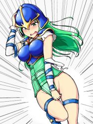 Rule 34 | 1girl, bottomless, breasts, commentary request, covering privates, covering crotch, embarrassed, fire emblem, fire emblem: path of radiance, fire emblem heroes, green hair, groin, hand on head, medium breasts, nephenee, nintendo, no panties, solo, speed lines, tearing up, wide hips