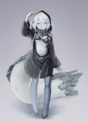 Rule 34 | 1girl, absurdres, abyssal ship, backpack, bag, bikini, bikini top only, breasts, closed eyes, cockadooodledoo, colored skin, glowing, grey background, grin, hair between eyes, has bad revision, has downscaled revision, highres, hood, hooded jacket, hoodie, jacket, kantai collection, long sleeves, md5 mismatch, navel, o-ring, o-ring top, pale skin, re-class battleship, resolution mismatch, salute, scarf, sharp teeth, short hair, simple background, smile, solo, source smaller, swimsuit, tail, teeth, white hair, white skin, zipper