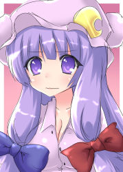 Rule 34 | 1girl, absurdres, bad id, bad pixiv id, breasts, cleavage, crescent, crescent hat ornament, female focus, gradient background, hair ribbon, hat, hat ornament, highres, long hair, medium breasts, nase, patchouli knowledge, photoshop (medium), purple eyes, purple hair, ribbon, solo, touhou