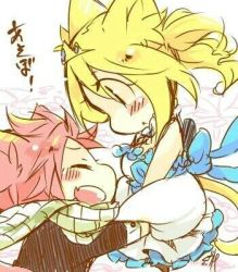 Rule 34 | animal ears, blonde hair, blush, cat ears, chibi, dress, fairy tail, lowres, lucy heartfilia, natsu dragneel, pink hair, scarf, simple background, tail, text focus, translated