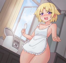 Rule 34 | 1girl, absurdres, apron, bare shoulders, blonde hair, blue sky, blurry, blurry background, blush, breasts, cleavage, cloud, collarbone, cowboy shot, curtains, day, dutch angle, ear blush, embarrassed, female focus, frilled apron, frills, hair flaps, hair intakes, hands up, highres, holding, holding spoon, indoors, looking at viewer, miruru (rune (dualhart)), naked apron, nervous smile, nose blush, open mouth, open window, original, purple eyes, rice, rice cooker, rune (dualhart), shiny skin, short hair, sidelocks, sky, small breasts, smile, solo, spoon, standing, strap slip, sweat, wavy mouth, white apron, window