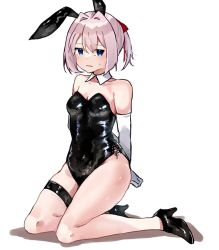 Rule 34 | 1girl, alternate costume, animal ears, arms behind back, black footwear, black leotard, blue eyes, blush, breasts, detached collar, elbow gloves, fake animal ears, gloves, high heels, kantai collection, kneeling, leotard, pink hair, playboy bunny, ponytail, rabbit ears, shiranui (kancolle), simple background, small breasts, solo, sweat, thigh strap, thighs, u yuz xx, white background, white gloves