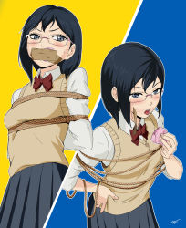 Rule 34 | 1girl, arms behind back, bdsm, black eyes, black hair, black skirt, blush, bondage, bound, bow, breasts, collared shirt, dress shirt, frown, gag, gagged, glasses, haikyuu!!, hand on own hip, highres, long sleeves, looking at viewer, mole, mole under mouth, multiple views, open mouth, pleated skirt, red bow, restrained, rimless eyewear, rope, saliva, saliva trail, self bondage, sharpffffff, shimizu kiyoko, shirt, short hair, skirt, small breasts, stain, sweat, tongue, tongue out, vest, white shirt