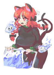 Rule 34 | 1girl, @ @, animal ears, black bow, bow, braid, cat ears, cat tail, flying sweatdrops, hitodama, kaenbyou rin, leebo (leeboxxx), multiple tails, red eyes, red hair, simple background, tail, touhou, twin braids, two tails, white background