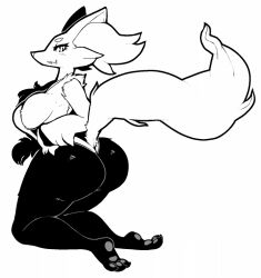 Rule 34 | 1girl, ass, butt crack, cowboy shot, creatures (company), delphox, from behind, full body, furry, furry female, game freak, gen 6 pokemon, greyscale, hypnofood, kneeling, looking at viewer, looking back, monochrome, nintendo, pawpads, pokemon, smile, solo, sweatdrop