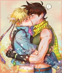 Rule 34 | !, 2boys, abs, bare shoulders, battle tendency, blonde hair, bloody stream, blue eyes, blue jacket, blush, brown hair, caesar anthonio zeppeli, crop top, facial mark, feather hair ornament, feathers, fingerless gloves, gloves, green eyes, green scarf, hair ornament, headband, homil22, jacket, jojo no kimyou na bouken, joseph joestar, joseph joestar (young), kiss, male focus, midriff, multiple boys, pink scarf, scarf, striped clothes, striped scarf, triangle print, winged hair ornament, yaoi