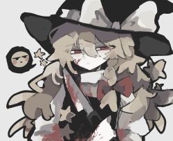 Rule 34 | 1girl, black headwear, black vest, blood, bow, braid, cookie (touhou), emoji, frown, hat, hat bow, holding, holding knife, inm 6904, kirisame marisa, knife, long hair, looking at viewer, red bow, side braid, simple background, single braid, sketch, star (symbol), suzu (cookie), touhou, turtleneck, unusually open eyes, vest, white bow, witch, witch hat