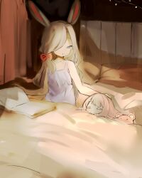 Rule 34 | 2girls, animal ears, bare shoulders, blonde hair, blue eyes, book, bow, closed eyes, collarbone, commentary request, commission, dot nose, dress, grey dress, hair bow, hair over one eye, headpat, highres, long hair, looking at another, lying, multiple girls, on back, one eye covered, open book, original, partial commentary, pink bow, pink hair, pixiv commission, rabbit ears, shirokujira, sitting, sketch, sleeping, spaghetti strap, stuffed animal, stuffed toy, teddy bear, under covers, wavy hair
