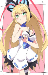Rule 34 | 1girl, absurdres, antenna hair, azure striker gunvolt, bare shoulders, blonde hair, blush, breasts, butterfly hair ornament, buzzlyears, cleavage, commentary, dress, green eyes, hair ornament, headphones, highres, large breasts, long hair, looking at viewer, lumen (gunvolt), multicolored clothes, ponytail, simple background, solo, very long hair, white dress
