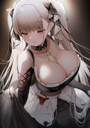 Rule 34 | 1girl, absurdres, azur lane, between breasts, black bow, black dress, black ribbon, blunt bangs, bow, breasts, cleavage, closed mouth, clothes lift, collarbone, commentary request, dress, eyelashes, formidable (azur lane), frilled dress, frills, grey hair, hair bow, hair ribbon, highres, holding, holding clothes, holding dress, holding skirt, jewelry, large breasts, lifted by self, long hair, looking away, parayang, platinum blonde hair, red eyes, ribbon, rigging, sidelocks, skirt, skirt hold, skirt lift, solo, twintails, two-tone dress, two-tone ribbon, very long hair, white dress, white ribbon