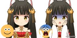 Rule 34 | 1girl, animal ear fluff, animal ears, azur lane, bare shoulders, black hair, blush, brown eyes, closed mouth, commentary request, detached sleeves, dress, emoji, fox ears, hair ornament, hands on own face, hands up, long hair, long sleeves, looking at viewer, mitya, multiple views, nagato (azur lane), open mouth, red dress, simple background, smile, strapless, strapless dress, turn pale, twitter username, upper body, white background, white sleeves, wide sleeves