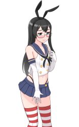 Rule 34 | 1girl, black hair, black hairband, black neckerchief, black panties, blue sailor collar, blue skirt, blush, cosplay, crop top, elbow gloves, geometrie, gloves, green eyes, hairband, highleg, highleg panties, kantai collection, long hair, microskirt, miniskirt, neckerchief, nose blush, ooyodo (kancolle), panties, pleated skirt, sailor collar, semi-rimless eyewear, shimakaze (kancolle), shimakaze (kancolle) (cosplay), simple background, skirt, solo, standing, striped clothes, striped thighhighs, thighhighs, under-rim eyewear, underwear, white background, white gloves