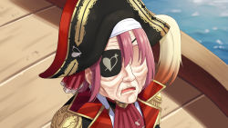 Rule 34 | 1girl, black coat, coat, dorianpanda, epaulettes, eyepatch, hat, heart, highres, hololive, houshou marine, no eyes, old, old woman, aged up, open mouth, pirate hat, red hair, ship, solo, upper body, virtual youtuber, water, watercraft