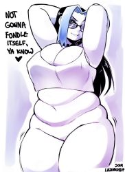 Rule 34 | 1girl, arms up, belly, black hair, blue hair, bottomless, breasts, cleavage, crop top, fat, glasses, huge breasts, lazorchef, long hair, solo, thick thighs, thighs, wide hips