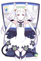 Rule 34 | 1girl, :&lt;, absurdres, albino, dress, elbow gloves, fur, gloves, halo, highres, keyboard (computer), kuroboshi kouhaku, monitor, palette (character), red eyes, simple background, solo, tail, thighhighs, twintails, white background, white dress, white gloves, white hair, white thighhighs, yumeiro happy end