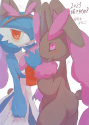 Rule 34 | 2023, alternate color, animal ears, blue hair, blush, brown fur, butter (oshi8kyoumoh), chinese zodiac, colored skin, creatures (company), dress, furry, game freak, gardevoir, gen 3 pokemon, gen 4 pokemon, hair over one eye, highres, looking at viewer, lopunny, multicolored skin, nintendo, orange eyes, pink eyes, pokemon, pokemon (creature), rabbit, rabbit ears, rabbit tail, shiny pokemon, simple background, sweat, tail, two-tone fur, two-tone skin, white background, white dress, white skin, year of the rabbit
