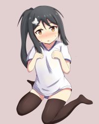 Rule 34 | 1girl, bad id, bad pixiv id, blue buruma, blush, brown background, brown eyes, brown thighhighs, buruma, cameltoe, collarbone, fate/kaleid liner prisma illya, fate (series), gym shirt, gym uniform, hair between eyes, hair ornament, hands on own chest, hands up, head tilt, heart, heart-shaped pupils, highres, long hair, looking at viewer, mitchi, miyu edelfelt, no shoes, nose blush, parted lips, shirt, short sleeves, side ponytail, sidelocks, simple background, sitting, solo, sweat, symbol-shaped pupils, thighhighs, wariza, white shirt