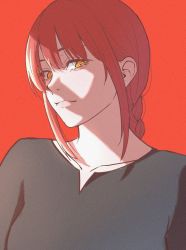 Rule 34 | 1girl, @ @, braid, chainsaw man, closed mouth, collarbone, eyelashes, hair between eyes, highres, ichinose (ichinose1592), long eyelashes, long hair, makima (chainsaw man), red background, red hair, ringed eyes, simple background, smile, solo, upper body, yellow eyes
