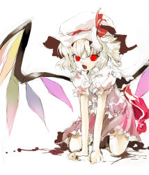 Rule 34 | 1girl, all fours, blonde hair, dress, drill hair, fang, female focus, flandre scarlet, hat, open mouth, red eyes, short hair, shunsei (muratou), side ponytail, sketch, solo, touhou, wings