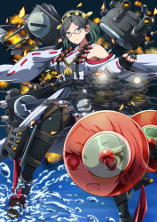 Rule 34 | 10s, 1girl, abyssal ship, aiming, aiming at viewer, airfield princess, bare shoulders, black hair, boots, bullet, detached sleeves, fingerless gloves, glasses, gloves, hairband, highres, inoshira, japanese clothes, kantai collection, kirishima (kancolle), miko, no legwear, reflection, ribbon-trimmed sleeves, ribbon trim, short hair, smile, thigh boots, thighhighs, water