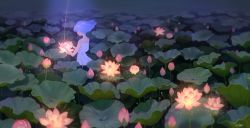 Rule 34 | 1girl, absurdres, aki a0623, bare arms, bare shoulders, blue background, bud, commentary request, dew drop, dress, floating hair, flower, from behind, glowing, grey hair, highres, leaf, light particles, lotus, nature, night, original, outdoors, outstretched arms, pond, scenery, short hair, sky, sleeveless, sleeveless dress, solo, sundress, upper body, water, water drop, white dress