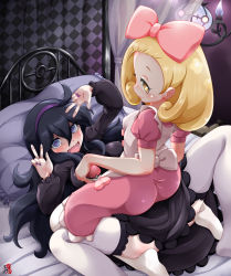 Rule 34 | 2girls, @ @, apron, ass, bed, bed sheet, bedroom, blonde hair, bow, breasts, chandelure, covered erect nipples, creatures (company), curtains, double v, dress, fairy tale girl (pokemon), game freak, gen 5 pokemon, girl on top, hair between eyes, hair bow, hex maniac (pokemon), kemoyuri, long sleeves, looking at viewer, multiple girls, nail polish, nintendo, npc trainer, on bed, open mouth, overalls, pillow, pink bow, pink dress, poke ball, poke ball (basic), pokemon, pokemon (creature), pokemon xy, purple dress, purple eyes, purple hair, purple nails, short sleeves, smile, spread legs, thighhighs, v, wavy mouth, white bow, yellow eyes, yuri